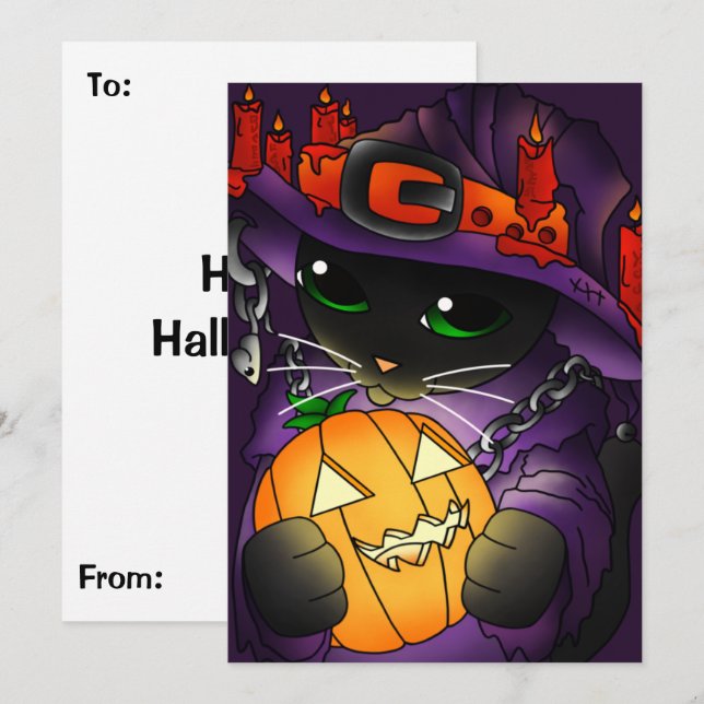 Tarjeta Gato de bruja negra de la calabaza de Halloween (Anverso / Reverso)