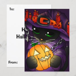 Tarjeta Gato de bruja negra de la calabaza de Halloween