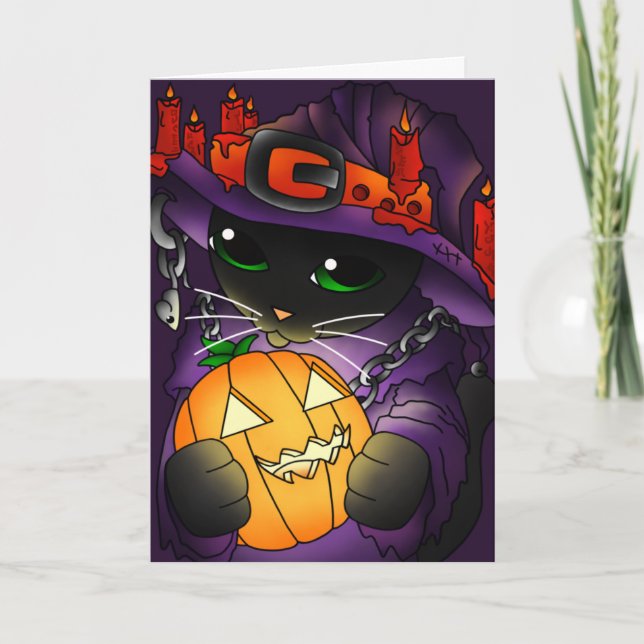 Tarjeta Gato de bruja negra de la calabaza de Halloween (Anverso)