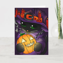 Tarjeta Gato de bruja negra de la calabaza de Halloween