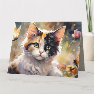 Tarjeta Gato de Calico y mariposas en el jardín de primave