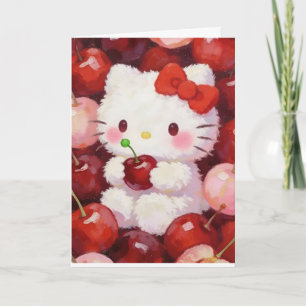 Tarjeta Gato de Cereza Adorable Estética Rosa y Rojo Kawai