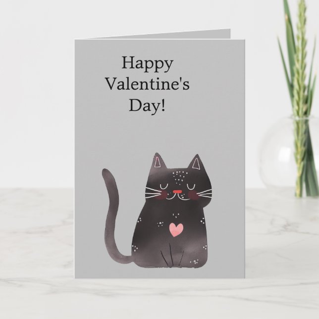 Tarjeta Gato de corazón rosa gris (Anverso)