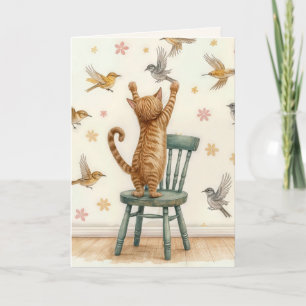 Tarjeta Gato de cumpleaños capturando un pájaro en papel t