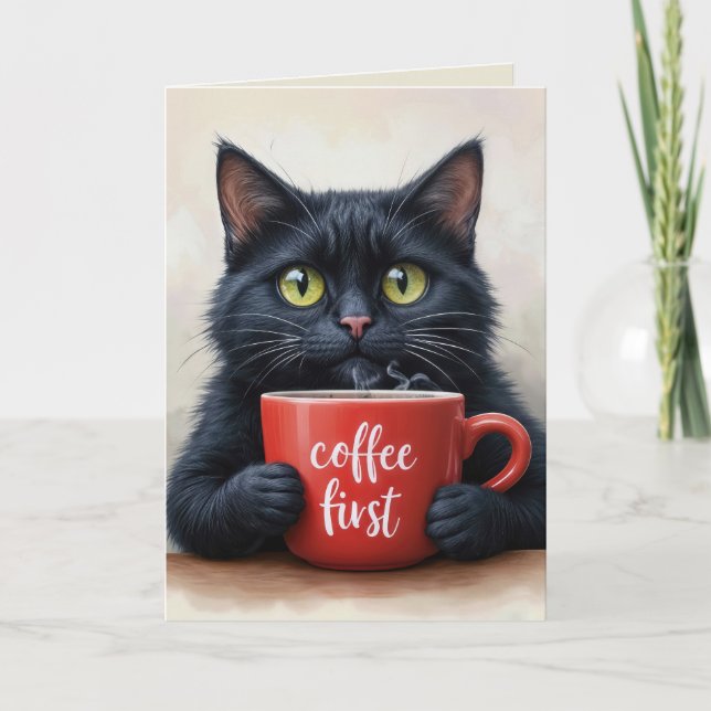 Tarjeta Gato De Cumpleaños Con Café Mug (Anverso)