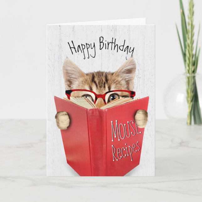 Tarjeta Gato de cumpleaños con gafas y libro rojo (Anverso)