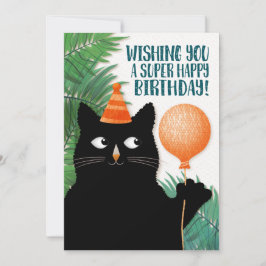 Tarjeta Gato de cumpleaños con sombrero de fiesta y globo