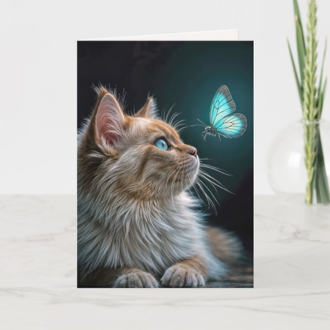 Tarjeta Gato de cumpleaños con una mariposa de neón brilla (Anverso)