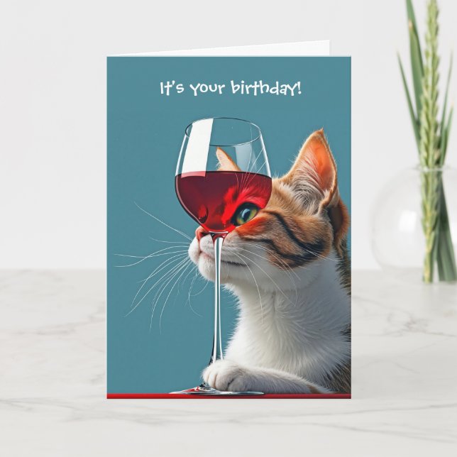 Tarjeta Gato de cumpleaños con vidrio de vino rojo (Anverso)