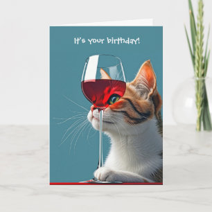 Tarjeta Gato de cumpleaños con vidrio de vino rojo