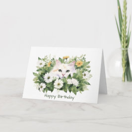 Tarjeta Gato De Cumpleaños De Acuarela En Daisies