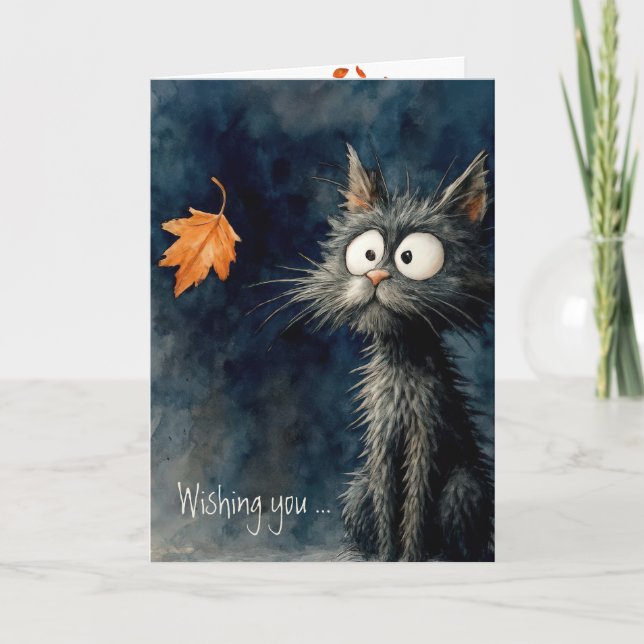 Tarjeta Gato De Cumpleaños De Octubre Con Hoja De Otoño (Anverso)