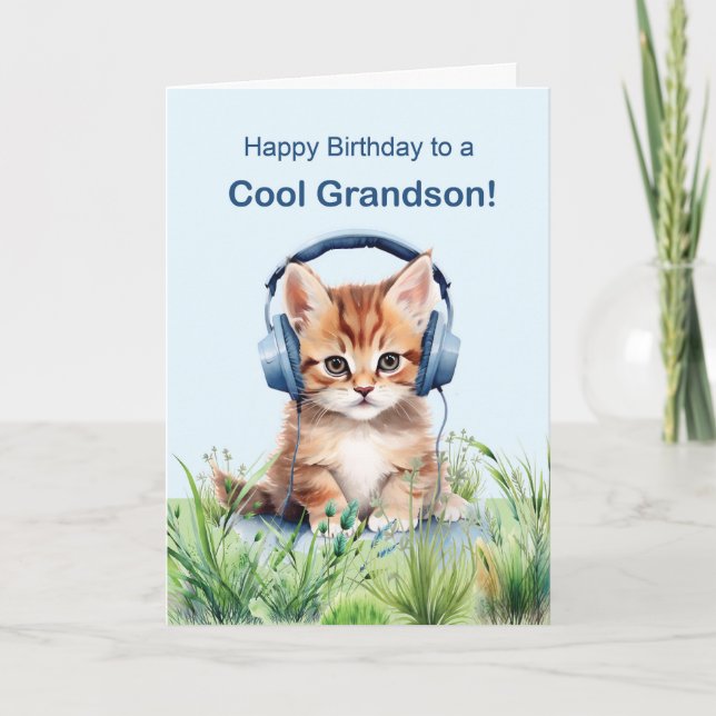 Tarjeta Gato de cumpleaños del nieto de Guay con audífonos (Anverso)