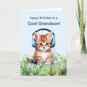 Tarjeta Gato de cumpleaños del nieto de Guay con audífonos