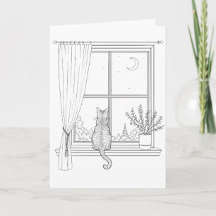 Tarjeta Gato de cumpleaños en ventana Arte lineal minimali