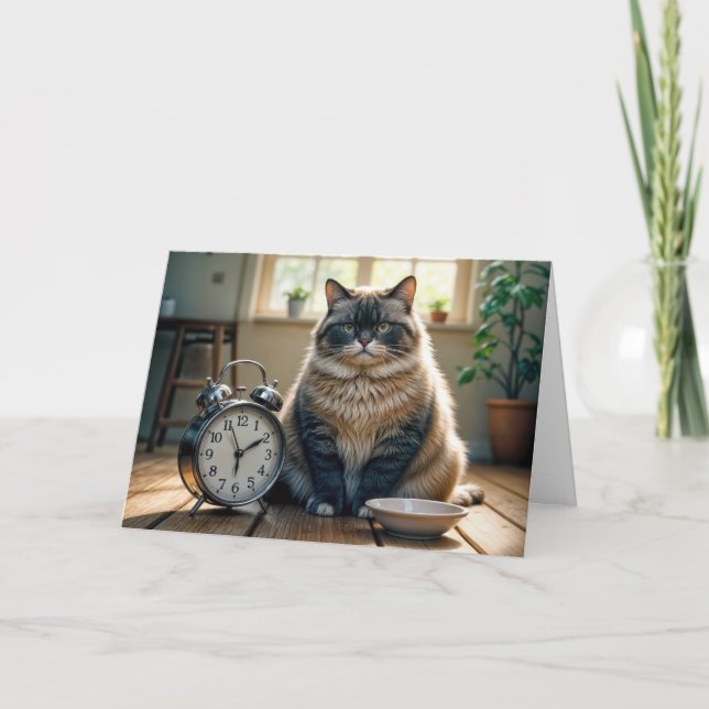Tarjeta Gato de cumpleaños esperando por un tazón de comid (Anverso)