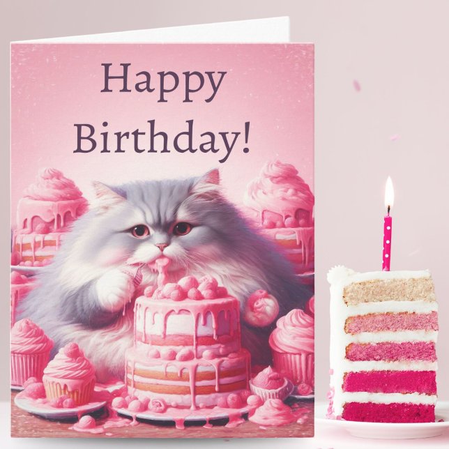 Tarjeta Gato de cumpleaños feliz con pastel rosa (Pawsitively Sweet: A Printed Card Featuring a ai artwork  Kitty Munching on Pink Cake)