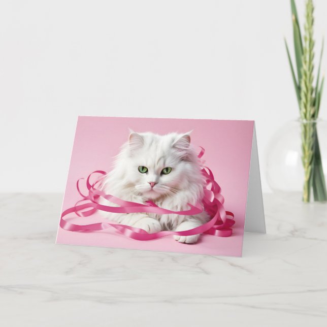 Tarjeta Gato de cumpleaños feliz en cintas rosadas (Anverso)