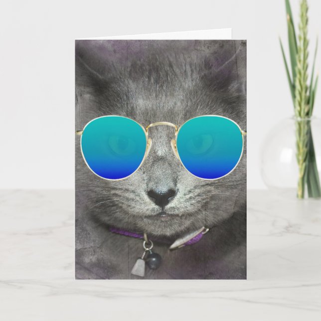 Tarjeta Gato de cumpleaños gris con gafas de sol (Anverso)