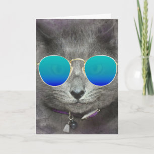 Tarjeta Gato de cumpleaños gris con gafas de sol