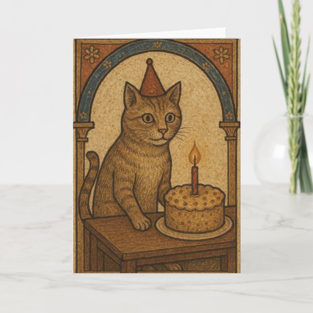 Tarjeta Gato de cumpleaños medieval (Anverso)