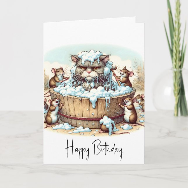 Tarjeta Gato de Cumpleaños Obteniendo Un Baño (Anverso)