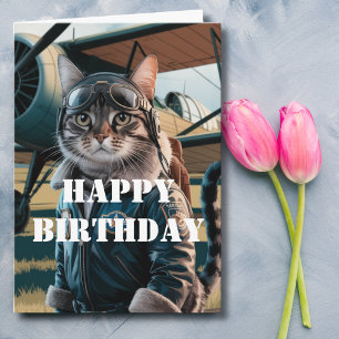 Tarjeta Gato de cumpleaños piloto avión genial divertido a