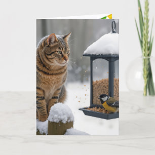 Tarjeta Gato de cumpleaños vigilando un pájaro en un comed