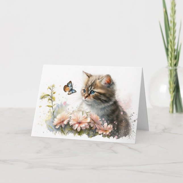 Tarjeta Gato de cumpleaños y mariposa (Anverso)
