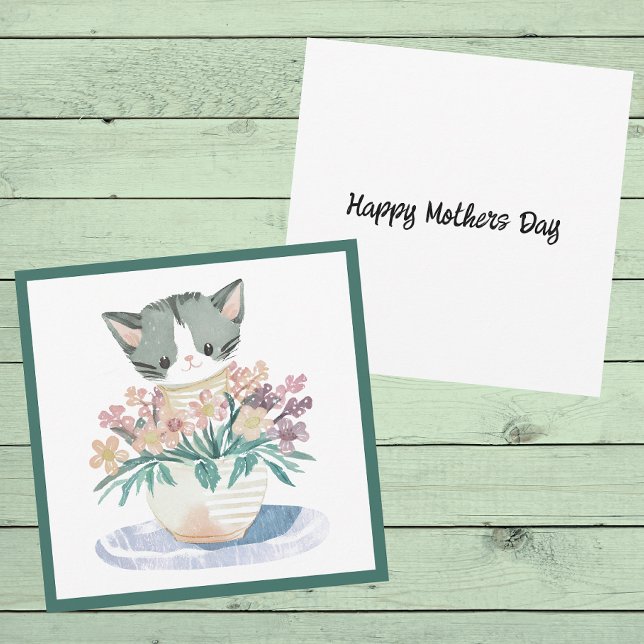 Tarjeta Gato De Día de la Madre De Flores Sentado En Una B (Front And Back)