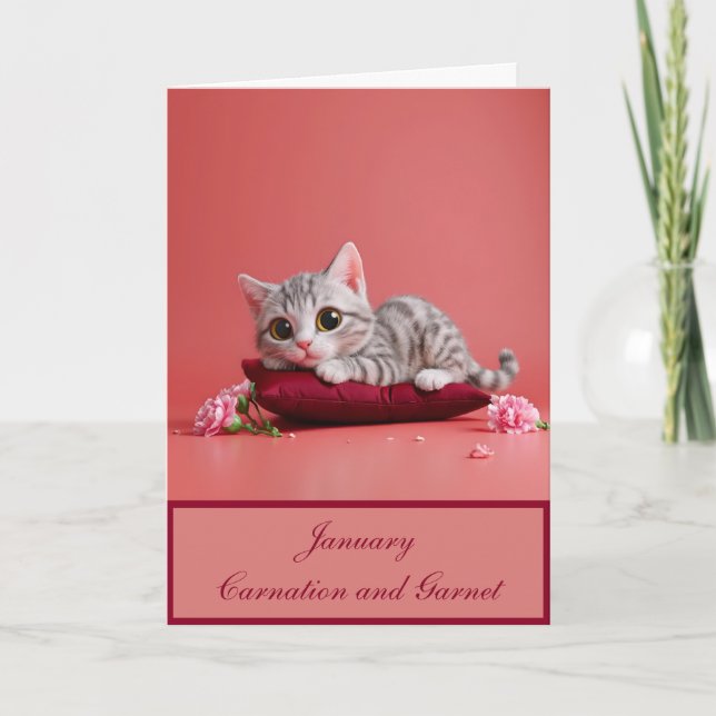 Tarjeta Gato de enero lindo con claveles (Anverso)