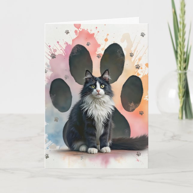 Tarjeta Gato de esmoquin de cumpleaños con huellas de pata (Anverso)