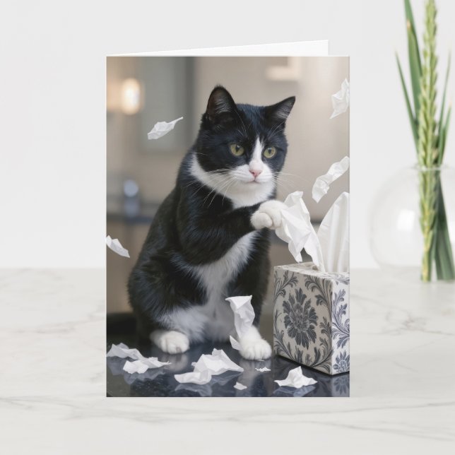 Tarjeta Gato de esmoquin de cumpleaños jugando con una caj (Anverso)