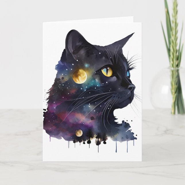 Tarjeta Gato de espacio acuático cósmico negro de bonito (Anverso)