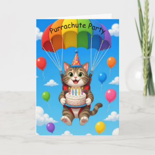 Tarjeta Gato de fiesta en paracaídas deja caer pastel de c