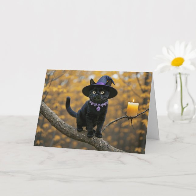 Tarjeta Gato de gatito negro de Halloween con Gorra de bru (Planta pequeña)