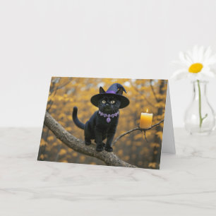 Tarjeta Gato de gatito negro de Halloween con Gorra de bru