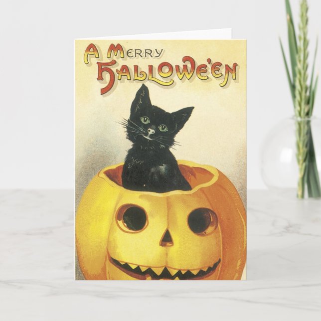 Tarjeta Gato de Halloween de merry de moda antigua (Anverso)