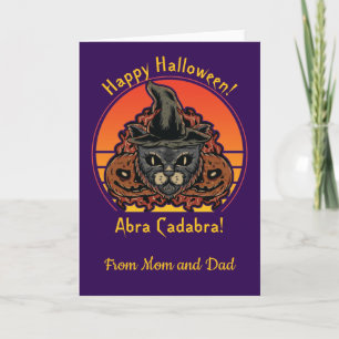 Tarjeta Gato de Halloween en el Gorra de brujas Abra Cadab