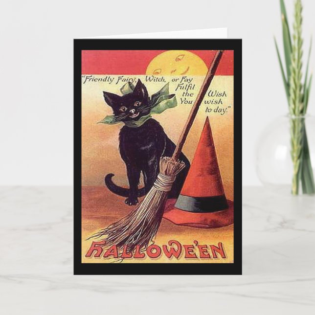 Tarjeta Gato de Halloween negro vintage (Anverso)