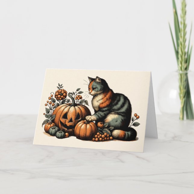 Tarjeta Gato de Halloween vintage y calabaza (Anverso)