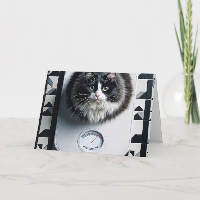 Tarjeta Gato de humor de pérdida de peso en una báscula (Anverso)