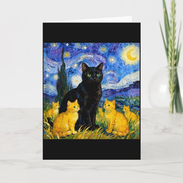 Tarjeta Gato de la noche estrellada Artístico gato negro y (Anverso)