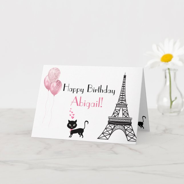 Tarjeta Gato de la Torre Eiffel del Corazón Rosado Feliz C (Planta pequeña)