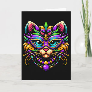 Tarjeta Gato de Mardi Gras con máscara sombrero de bufón d