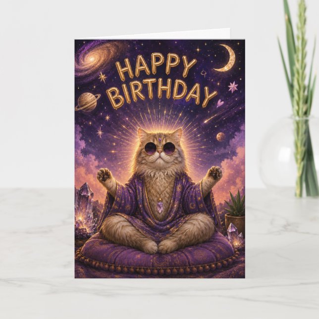 Tarjeta Gato de Meditación Feliz Cumpleaños (Anverso)