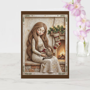 Tarjeta Gato de Navidad Caprichoso Arte de Doncella de Inv