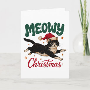 Tarjeta Gato de Navidad con Esmoquin Saltando con Sombrero