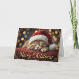 Tarjeta Gato de Navidad dormido con sombrero de Santa Clau