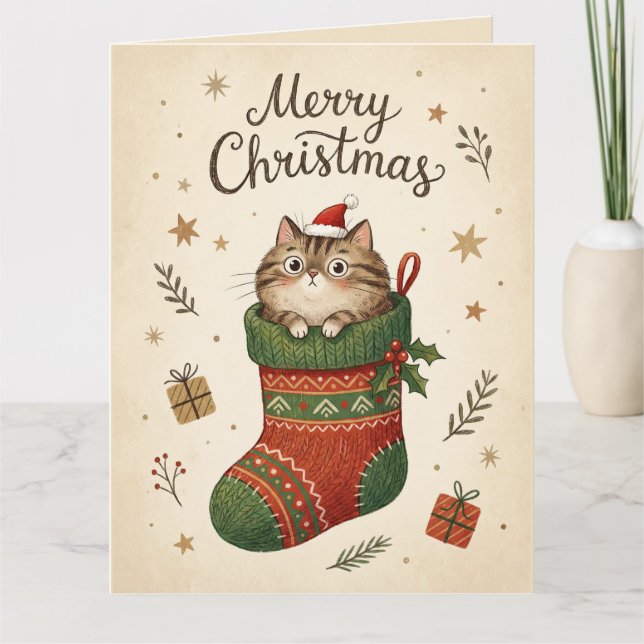 Tarjeta Gato de Navidad en Calcetín (Anverso)